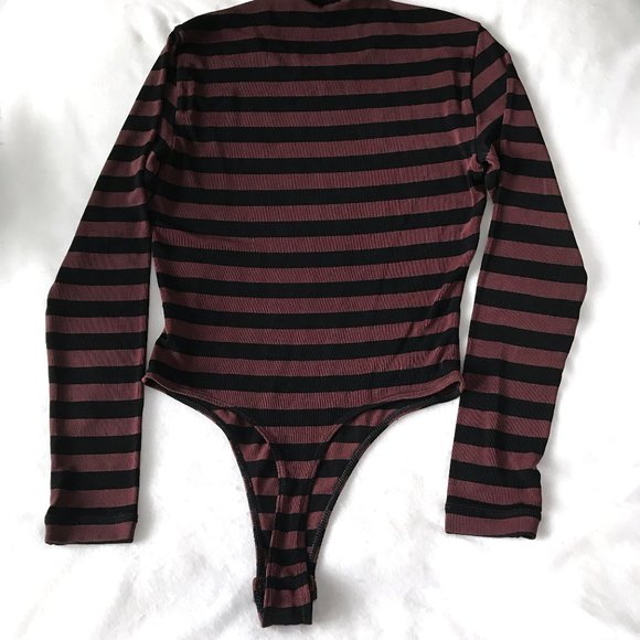 BCBG Black and Burgundy Striped Bodysuit - Picture 4 of 6